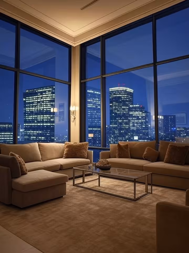 Private luxury condo interior in Atlanta with floor-to-ceiling windows overlooking the city, contemp