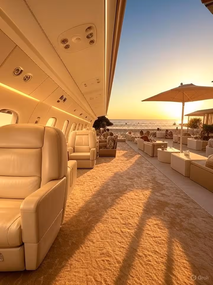 Luxury lifestyle montage: private jet interior on one side, upscale beach club with ocean view on th