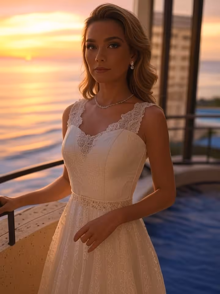 Elegant woman in sophisticated cream dress at upscale Miami hotel balcony overlooking ocean at sunse