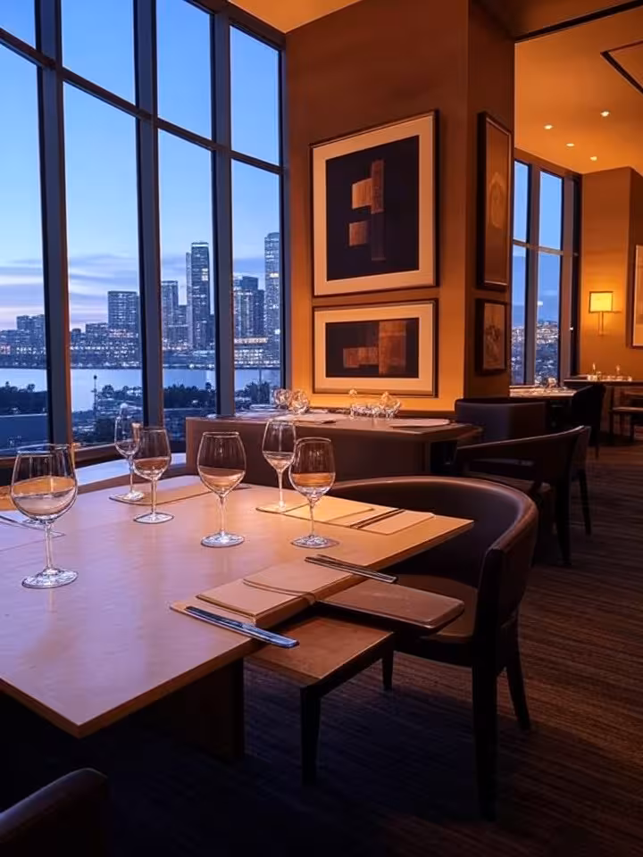 Upscale modern restaurant interior with floor-to-ceiling windows overlooking Seattle skyline at dusk