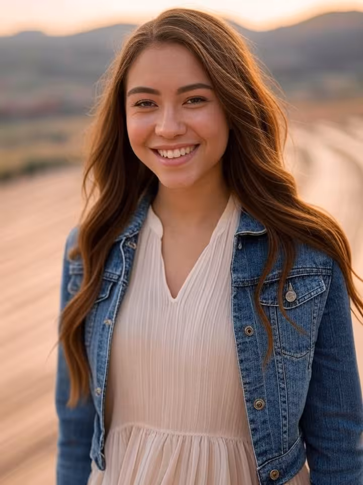 Elegant young woman in casual chic outdoor wear standing at Red Rocks Amphitheatre Denver, golden ho