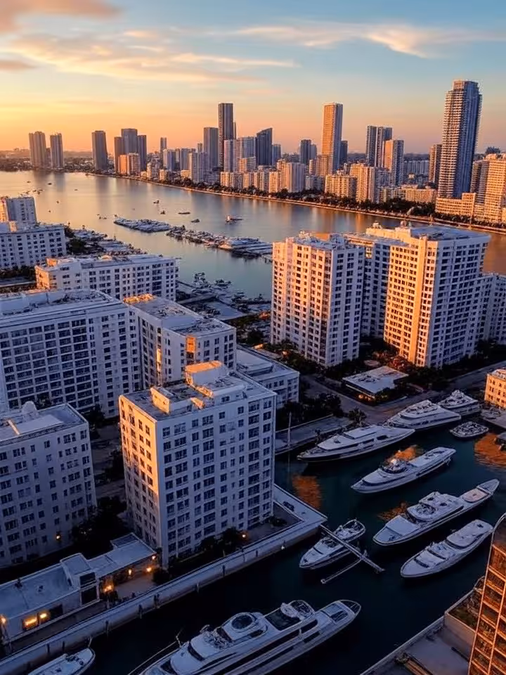 Aerial view of Miami Beach skyline at sunset with luxury yachts in the harbor, Art Deco buildings gl