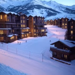 Luxury ski resort in Aspen Colorado with snow-covered mountains, upscale chalets and pristine slopes