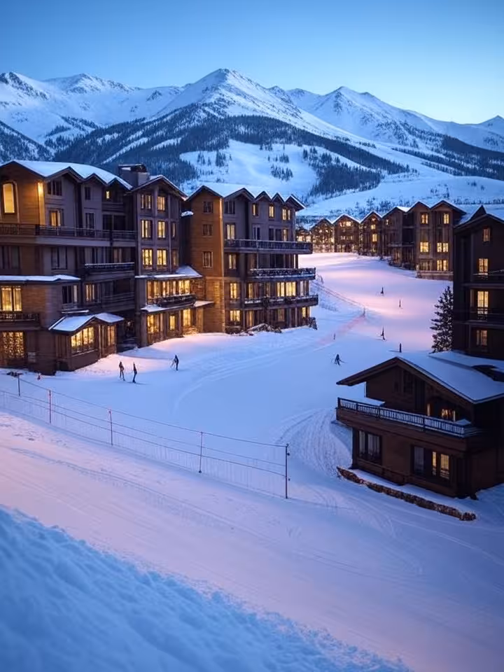 Luxury ski resort in Aspen Colorado with snow-covered mountains, upscale chalets and pristine slopes