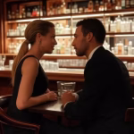 Elegant power couple having intimate conversation at upscale Washington DC bar with mahogany interio