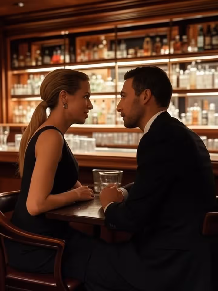 Elegant power couple having intimate conversation at upscale Washington DC bar with mahogany interio