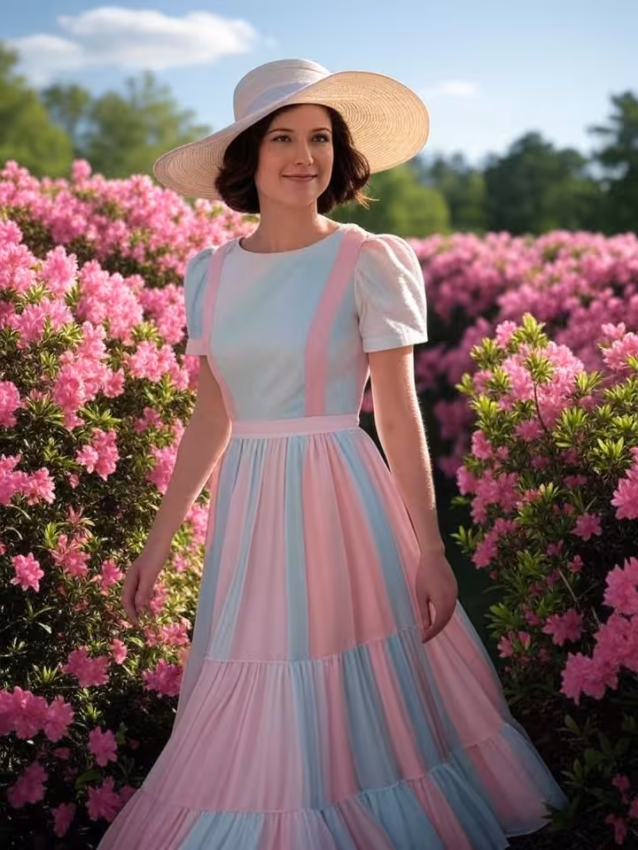 Elegant woman in classic Southern style dress and wide-brimmed hat walking through blooming azalea g