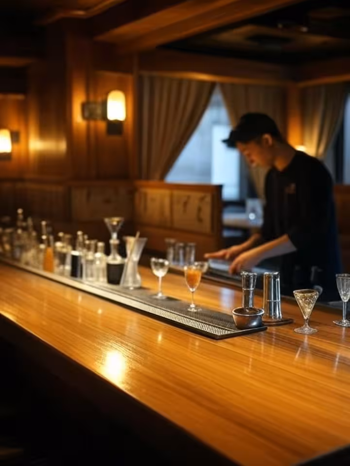 stylish speakeasy bar interior with Japanese-inspired design elements, dimly lit intimate booths, cr