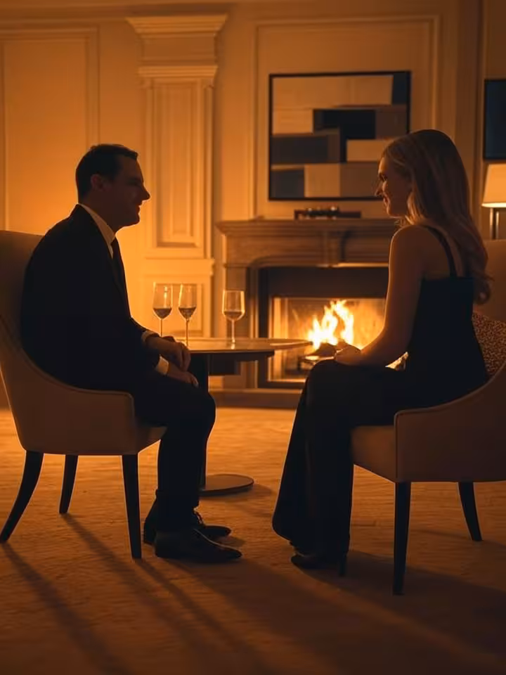 Luxurious hotel room with working fireplace and contemporary art on walls, Beaux-Arts architectural 