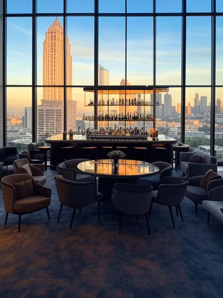 luxurious hotel bar with floor-to-ceiling windows, panoramic Midtown Atlanta skyline view, modern so