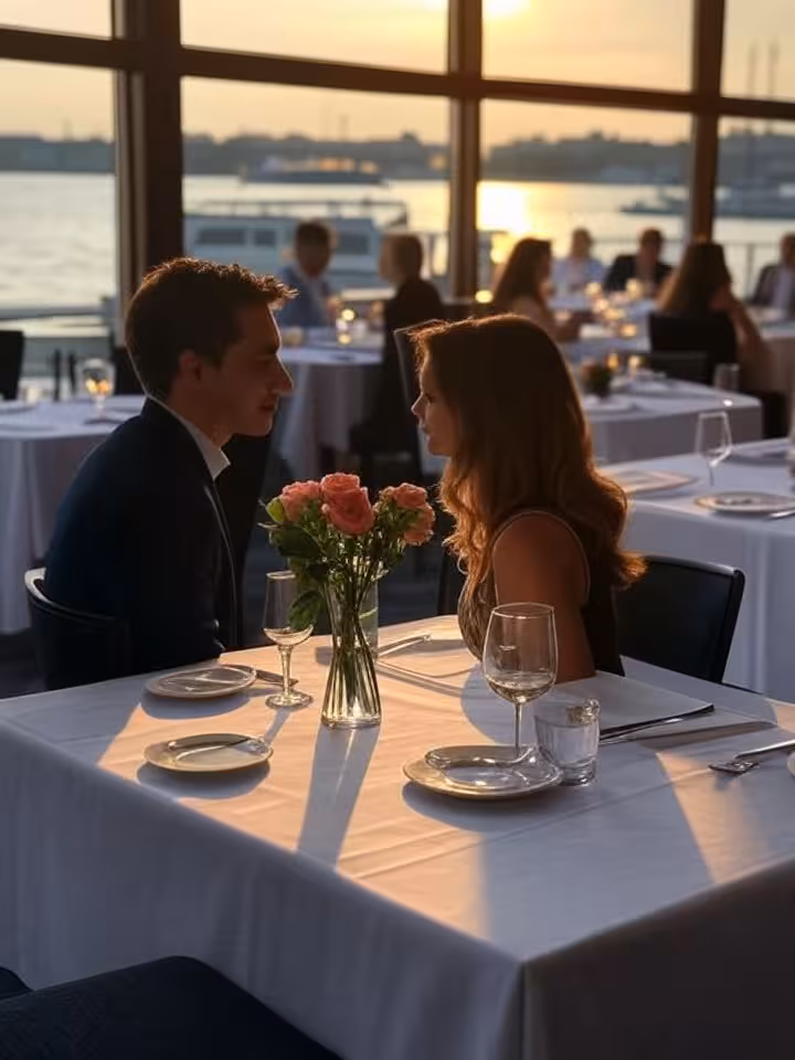 Romantic dinner scene at sophisticated DC waterfront restaurant during golden hour, Alexandria harbo