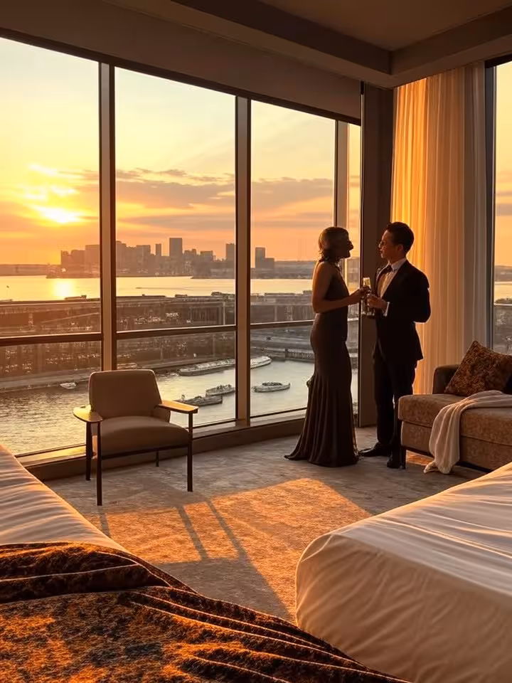 Modern waterfront hotel room with floor-to-ceiling windows overlooking Boston Harbor, sleek contempo