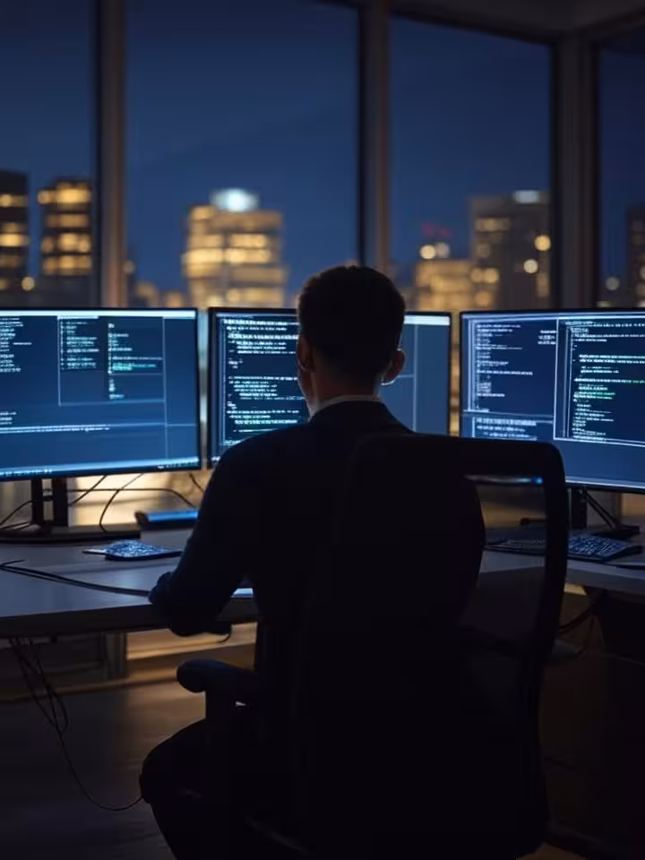 Modern tech office environment with sleek design, person working late at computer with multiple moni