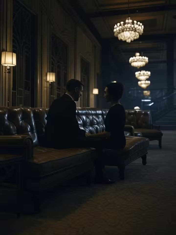 Secret rendezvous in boutique DC hotel lobby, art deco design elements, leather seating, dim atmosph