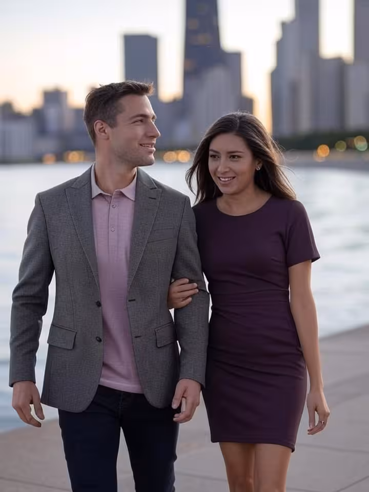 Chicago lakefront in early evening, well-dressed couple walking along the water, romantic urban sett