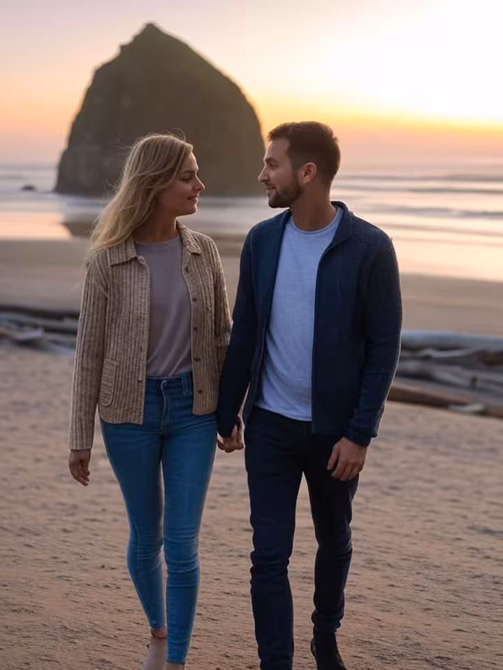 Scenic overlook at Cannon Beach Oregon with Haystack Rock visible, elegant couple on romantic coasta