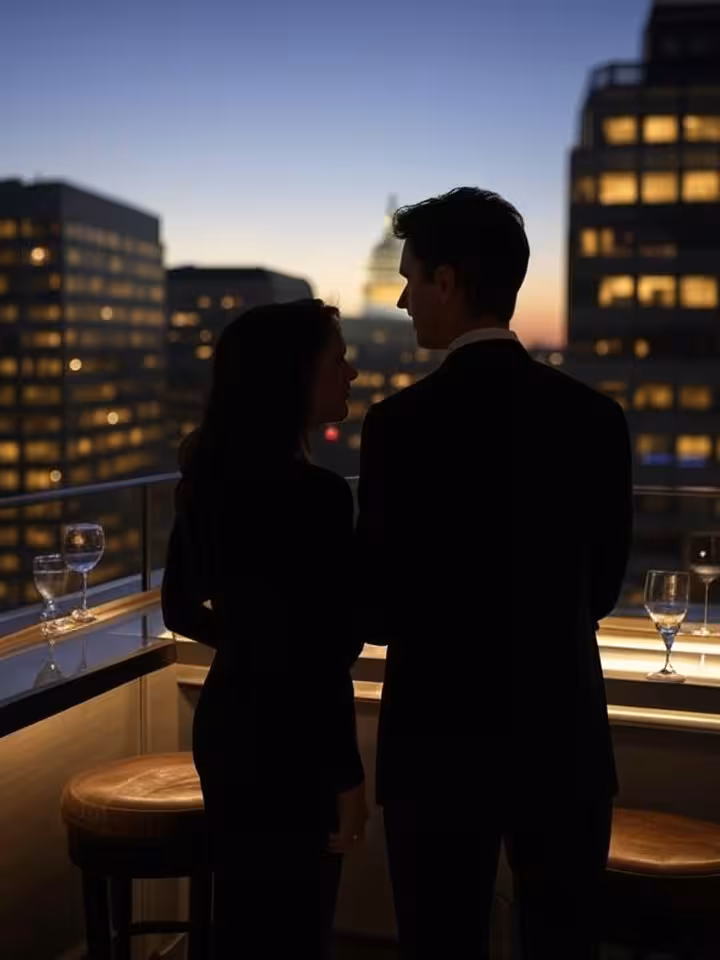Upscale rooftop bar scene in Washington DC at twilight, Capitol building visible in distance, elegan