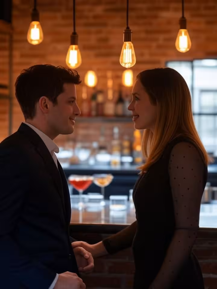 Elegant couple having intimate conversation at upscale wine bar, exposed brick wall, Edison bulb lig