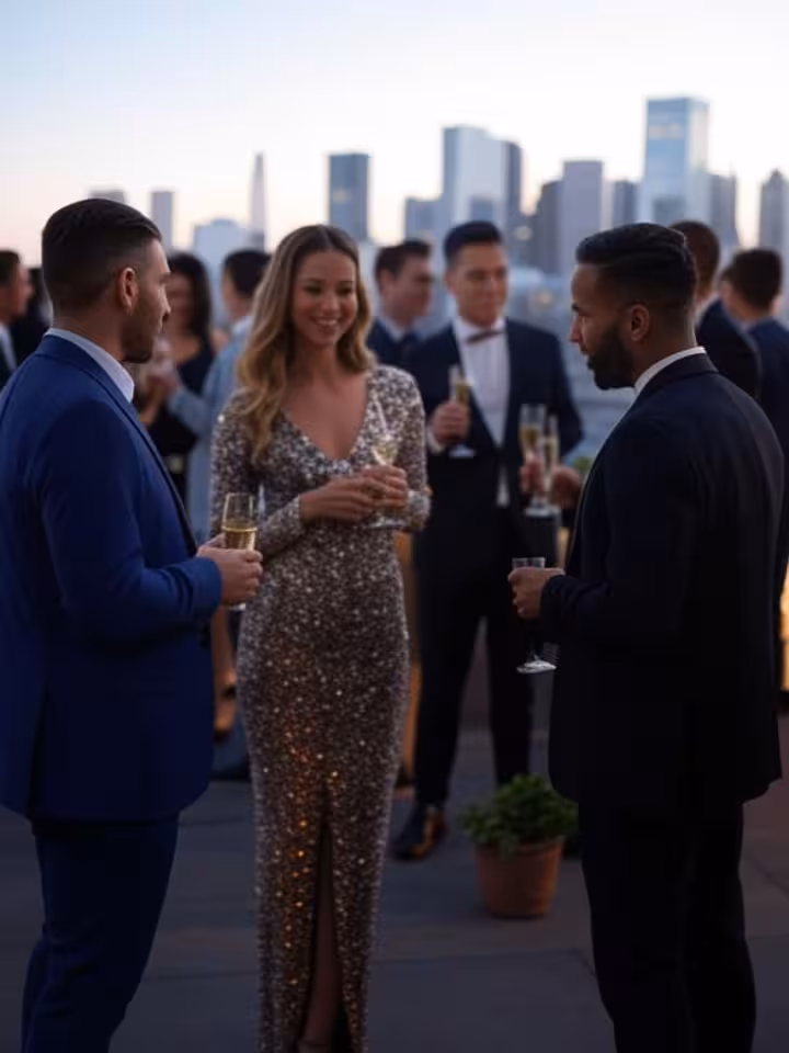 Exclusive rooftop party in host city, well-dressed crowd, city skyline background, golden hour light