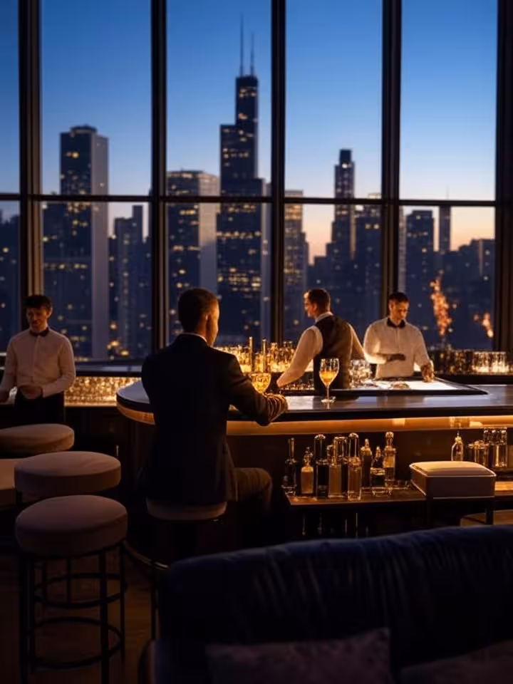 Rooftop bar view in Chicago, sophisticated cocktails, city skyline background, evening ambiance, mod