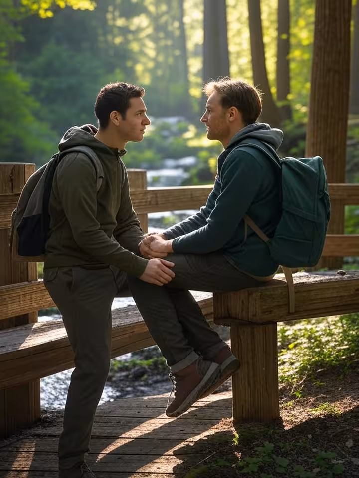 Forest Park Portland hiking trail with tall Douglas firs and dappled sunlight, couple having deep co