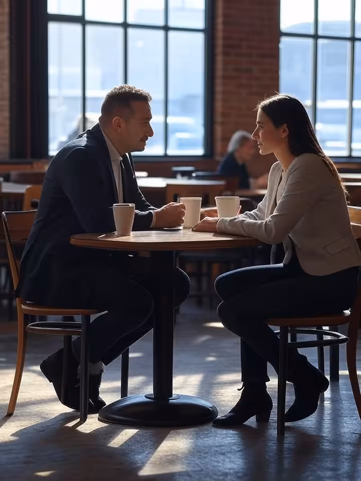 Intimate coffee meeting in trendy Shaw neighborhood cafe, exposed brick walls, modern industrial des