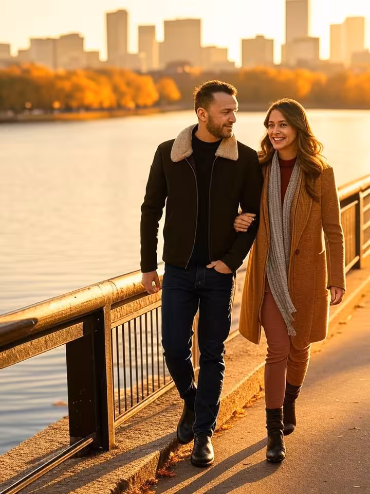 Beautiful couple walking together along Charles River Esplanade in autumn, Boston skyline background