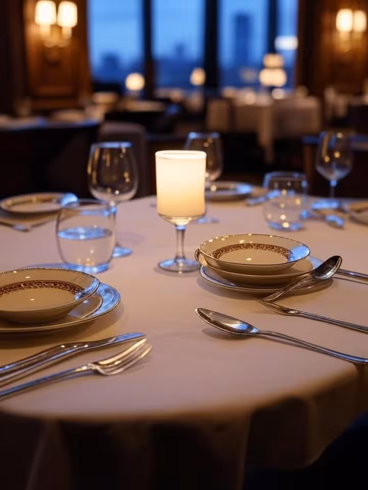 Elegant private dining room in upscale New York restaurant, intimate table setting for two with crys