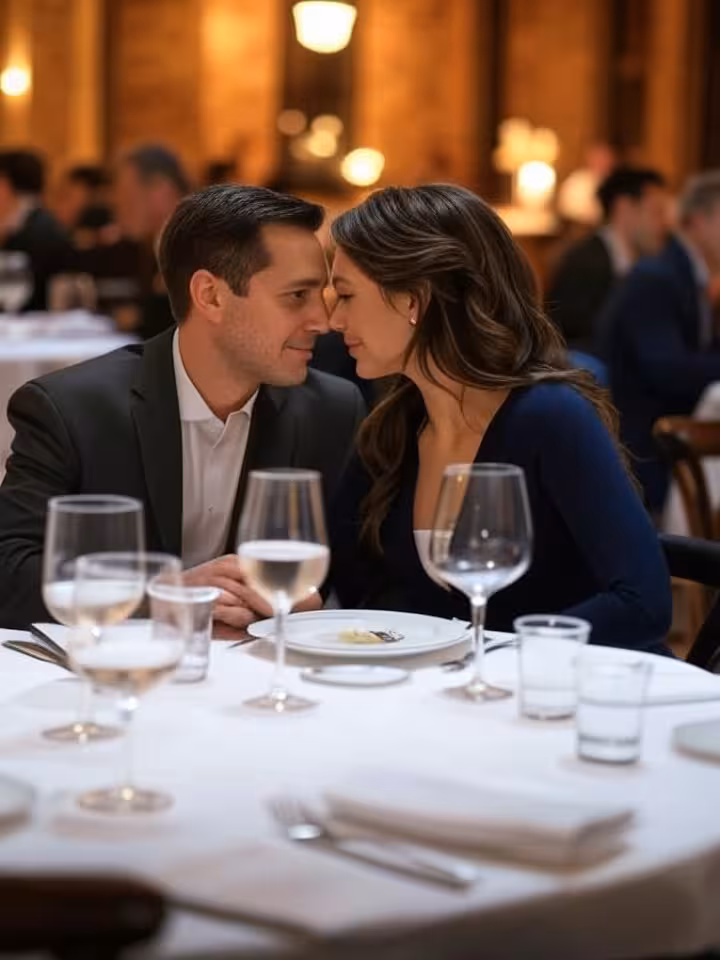 Elegant upscale restaurant interior in historic Philadelphia with warm lighting, white tablecloths,