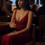 Elegant woman in designer evening gown sitting alone at upscale Manhattan restaurant bar with champa