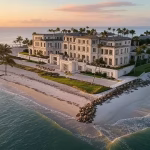 elegant Palm Beach beachfront mansion with palm trees at sunset, luxury waterfront property, wealthy