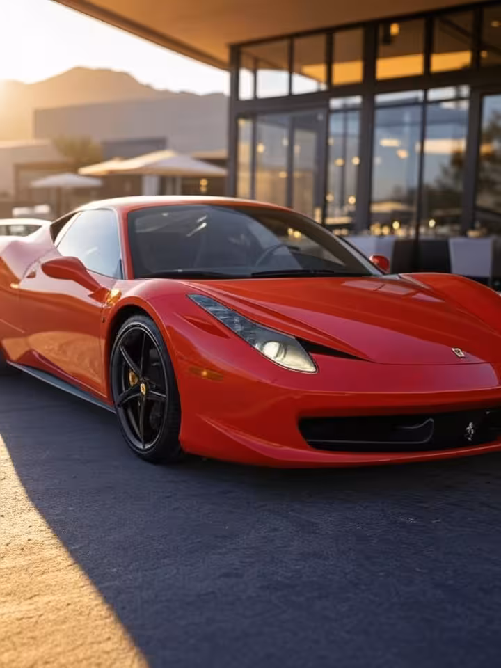 Luxury sports car parked in front of upscale Scottsdale restaurant at golden hour, desert mountains