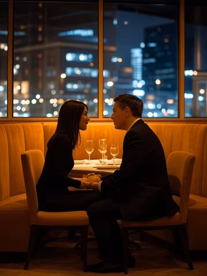 Elegant couple having intimate conversation at upscale Minneapolis restaurant with floor-to-ceiling