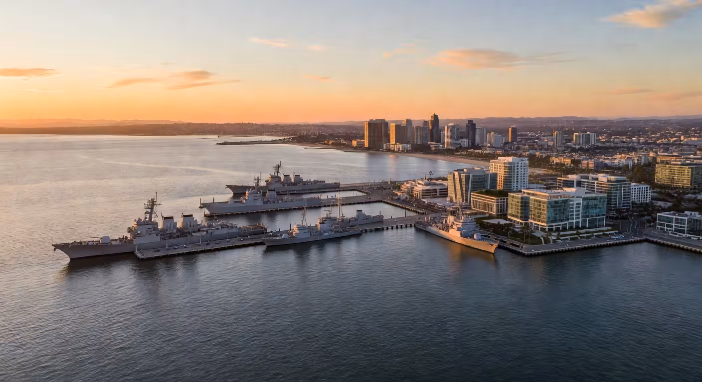Aerial view of San Diego harbor at sunset with military ships docked at naval base, modern biotech b