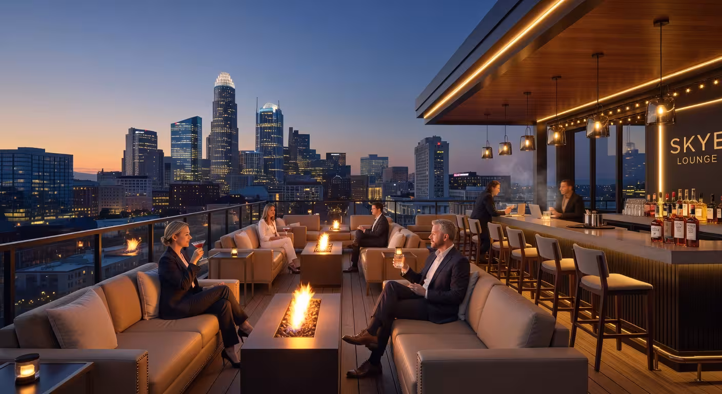 Upscale modern rooftop bar in Charlotte skyline at dusk, sophisticated atmosphere with city lights, 