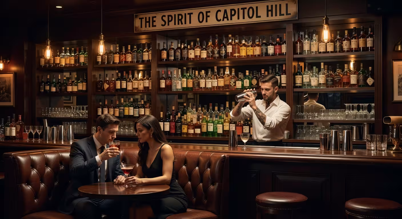 Elegant cocktail bar interior with dim amber lighting, leather booths, extensive back bar with thous