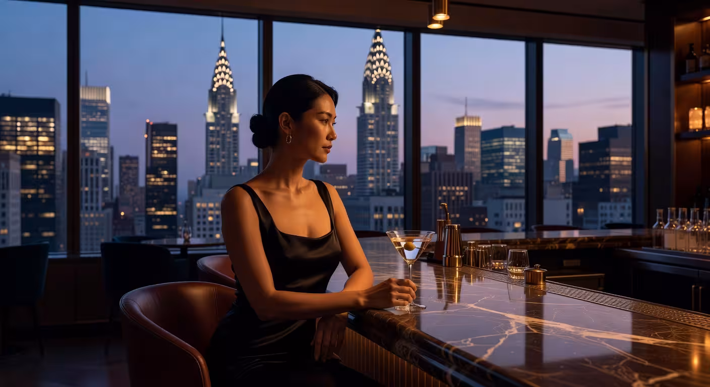 Elegant woman in sophisticated black dress sitting at upscale New York restaurant bar, martini glass