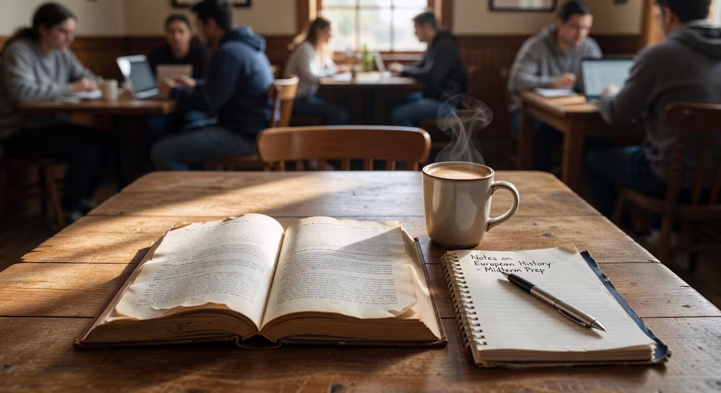 Overhead view of an open book and coffee cup on a wooden table at a charming university campus cafe,
