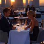 Luxurious rooftop restaurant in Los Angeles at sunset, velvet ropes, Hollywood glamour, paparazzi fl