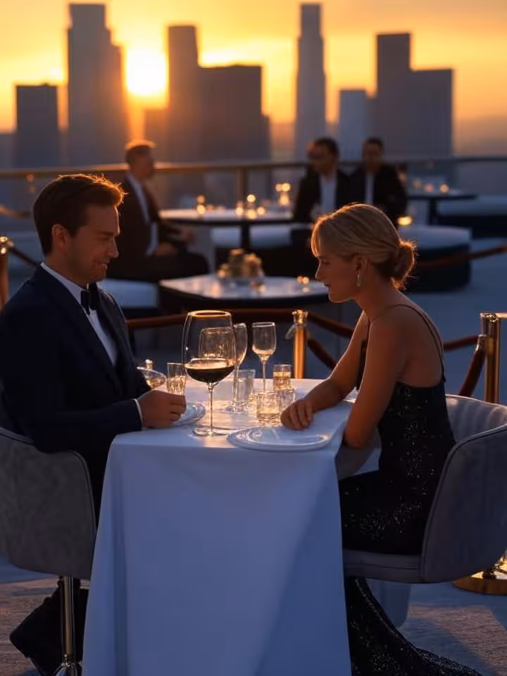 Luxurious rooftop restaurant in Los Angeles at sunset, velvet ropes, Hollywood glamour, paparazzi fl