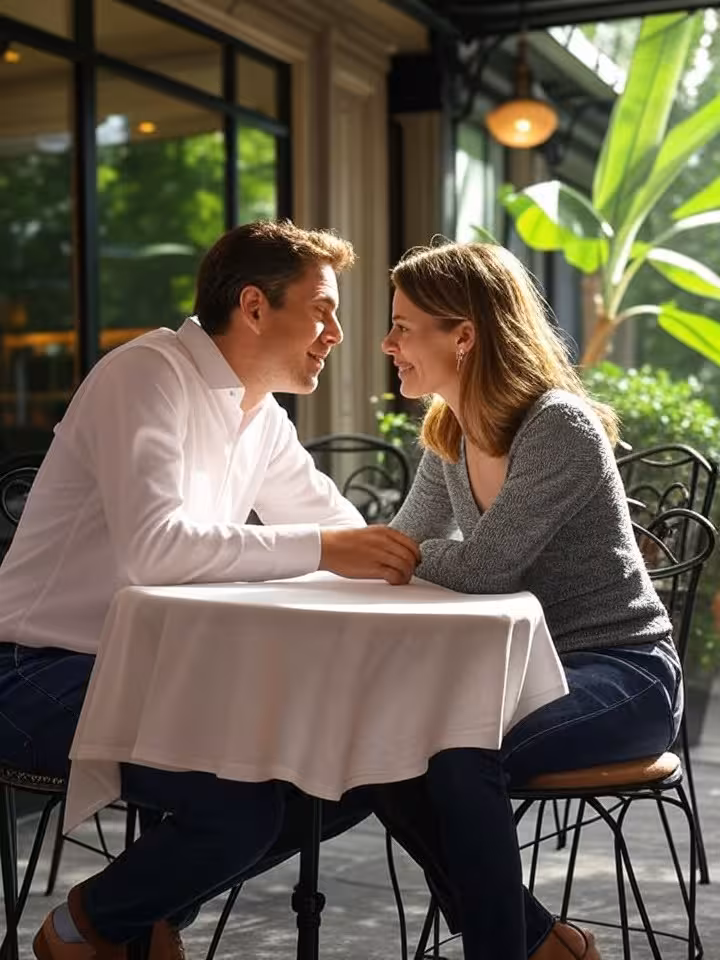 Elegant couple having intimate brunch conversation at a charming French Quarter courtyard cafe with
