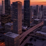 Aerial view of Houston downtown skyline at dusk, modern glass skyscrapers reflecting golden hour lig