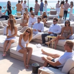 Luxurious rooftop Monaco Grand Prix watch party in Miami with large outdoor screens showing Formula