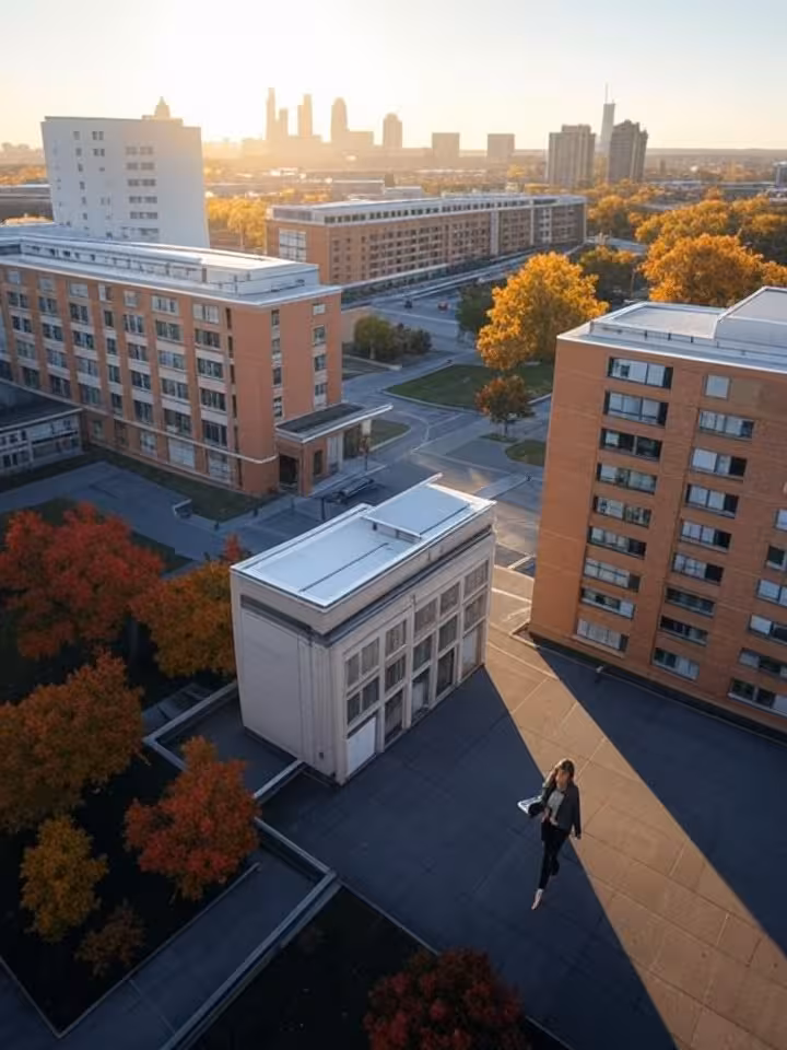 Modern Philadelphia university campus aerial view showing Penn buildings, urban skyline backdrop, au