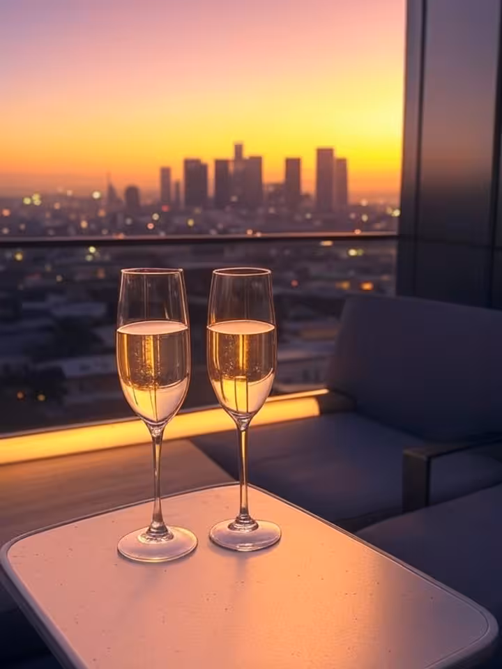 Luxury penthouse balcony overlooking Los Angeles skyline at sunset, two champagne glasses on modern 