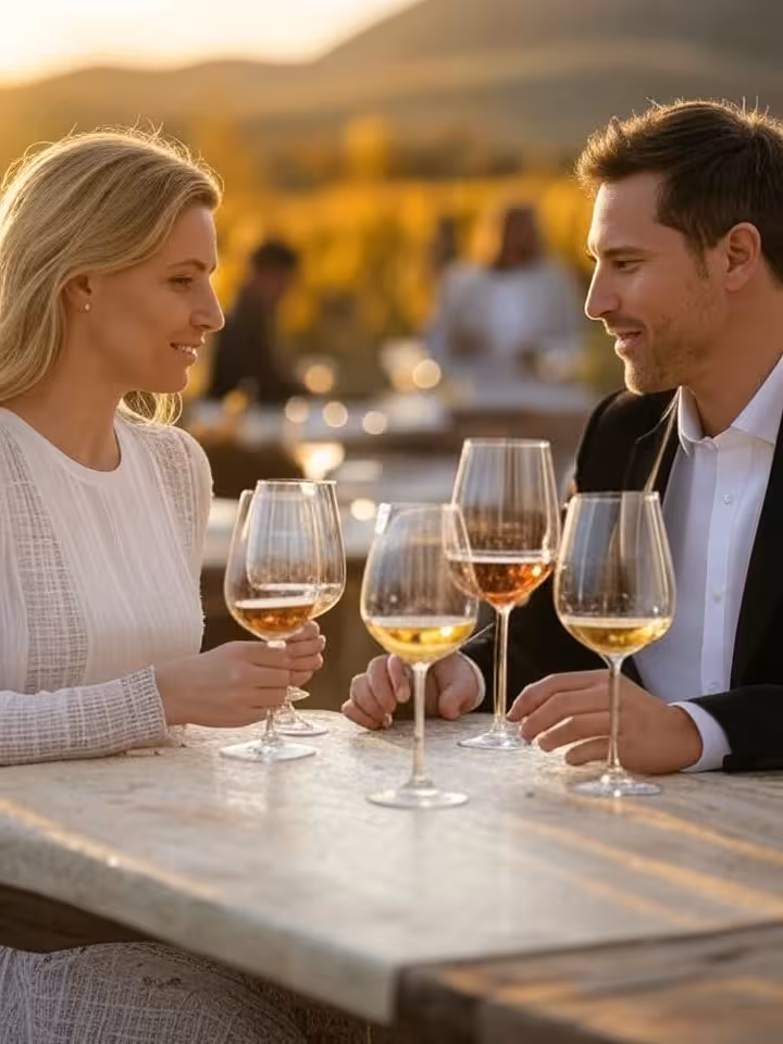 Elegant couple at outdoor vineyard tasting table, luxury wine country setting, autumn harvest season