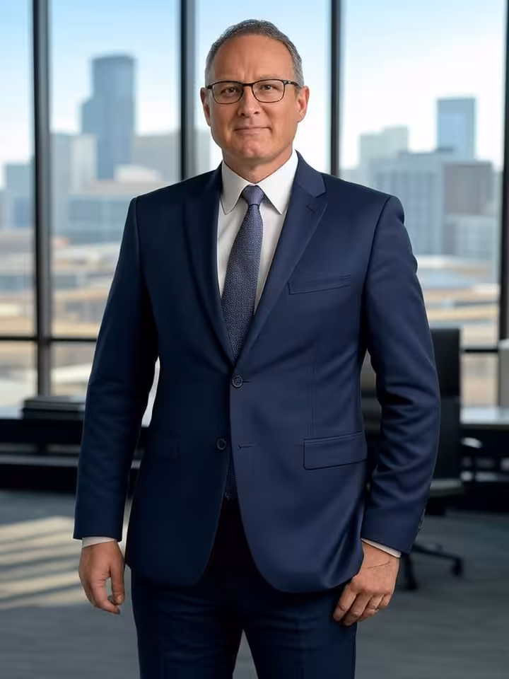Professional mature businessman in tailored suit standing in modern Minneapolis skyline office, look