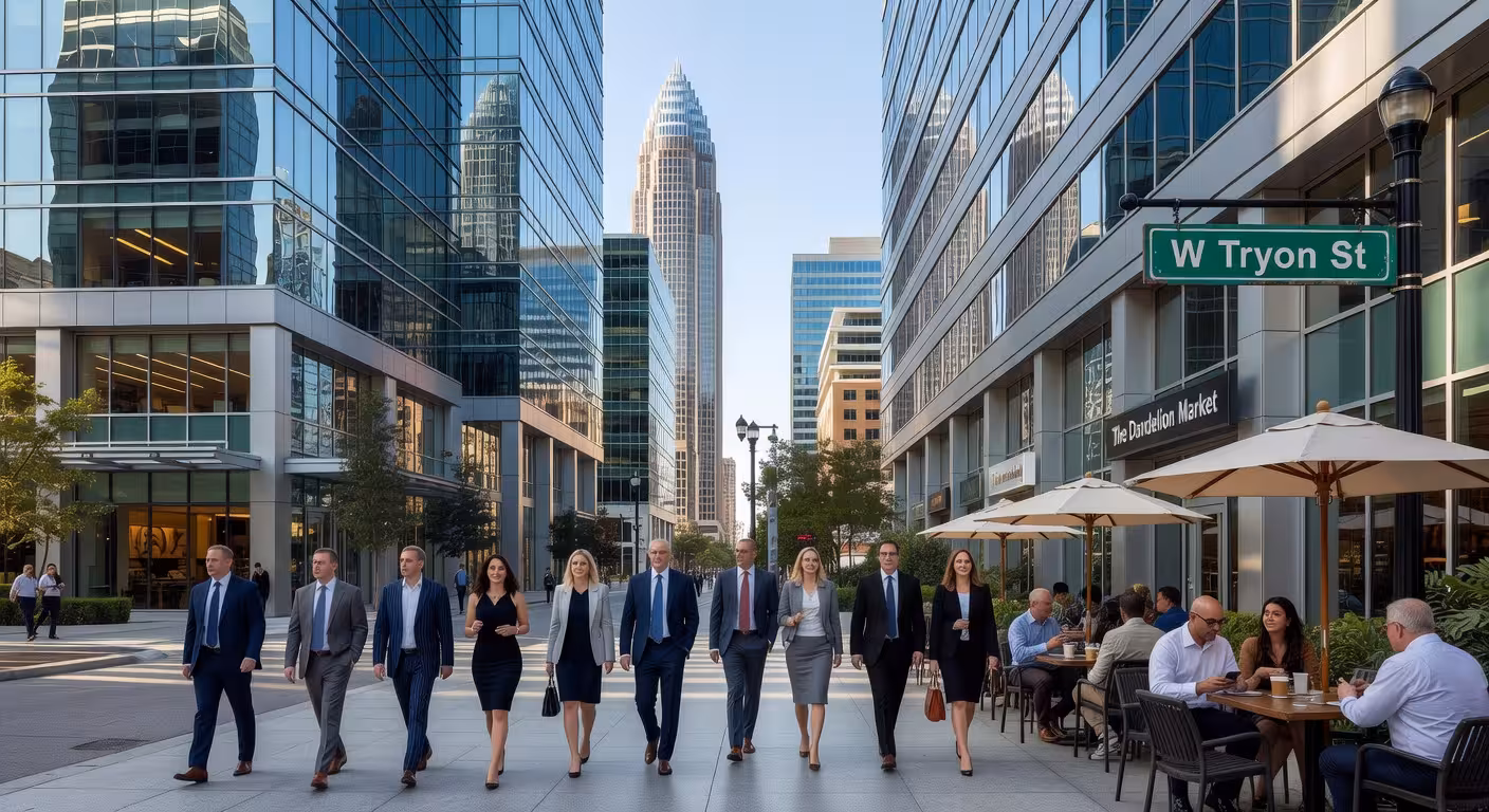 Charlotte banking district street level view, modern glass office towers, well-dressed professionals