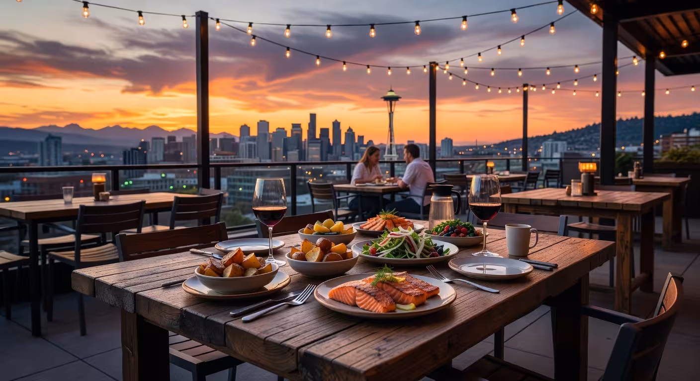 Modern upscale rooftop restaurant at sunset, Seattle skyline views, farm-to-table dining setting, sh