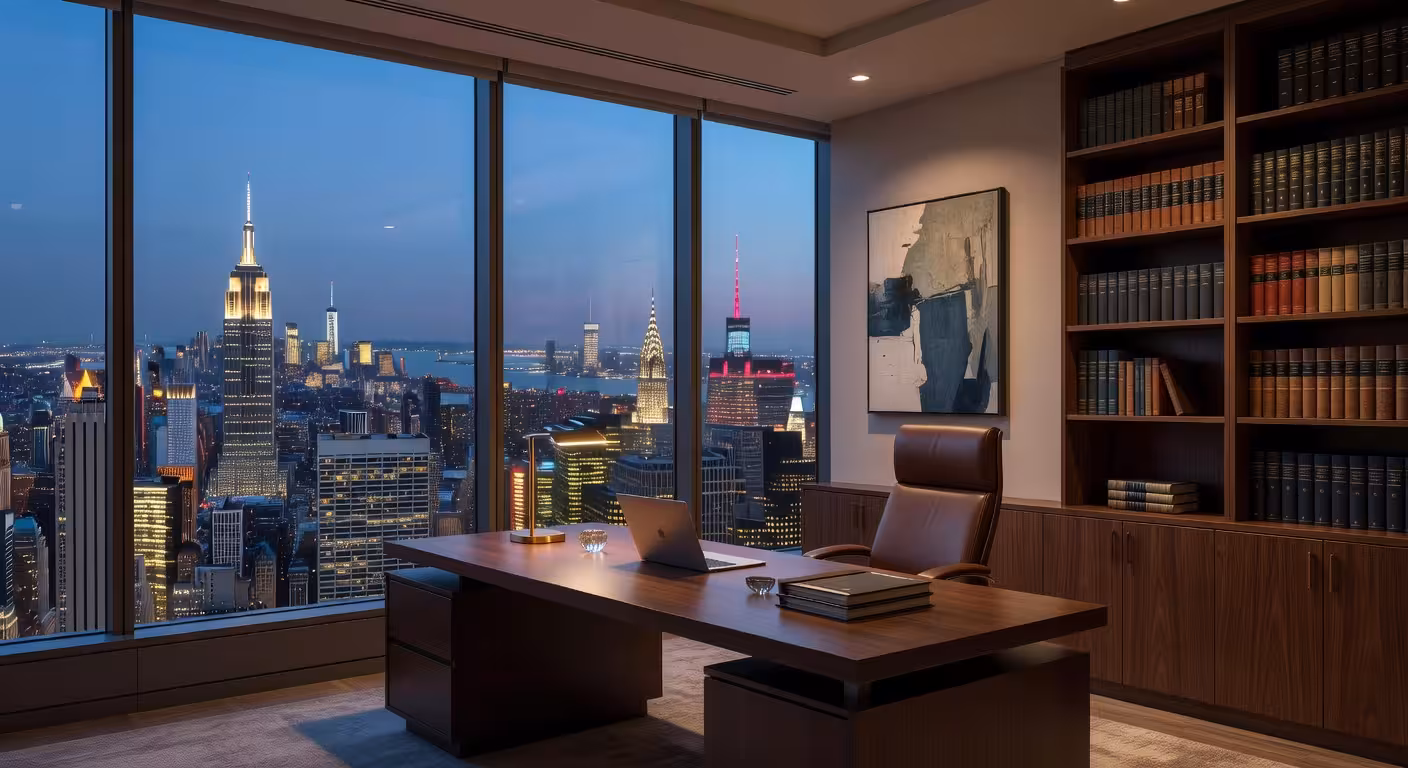 Professional law firm office interior in Manhattan skyscraper, floor-to-ceiling windows overlooking